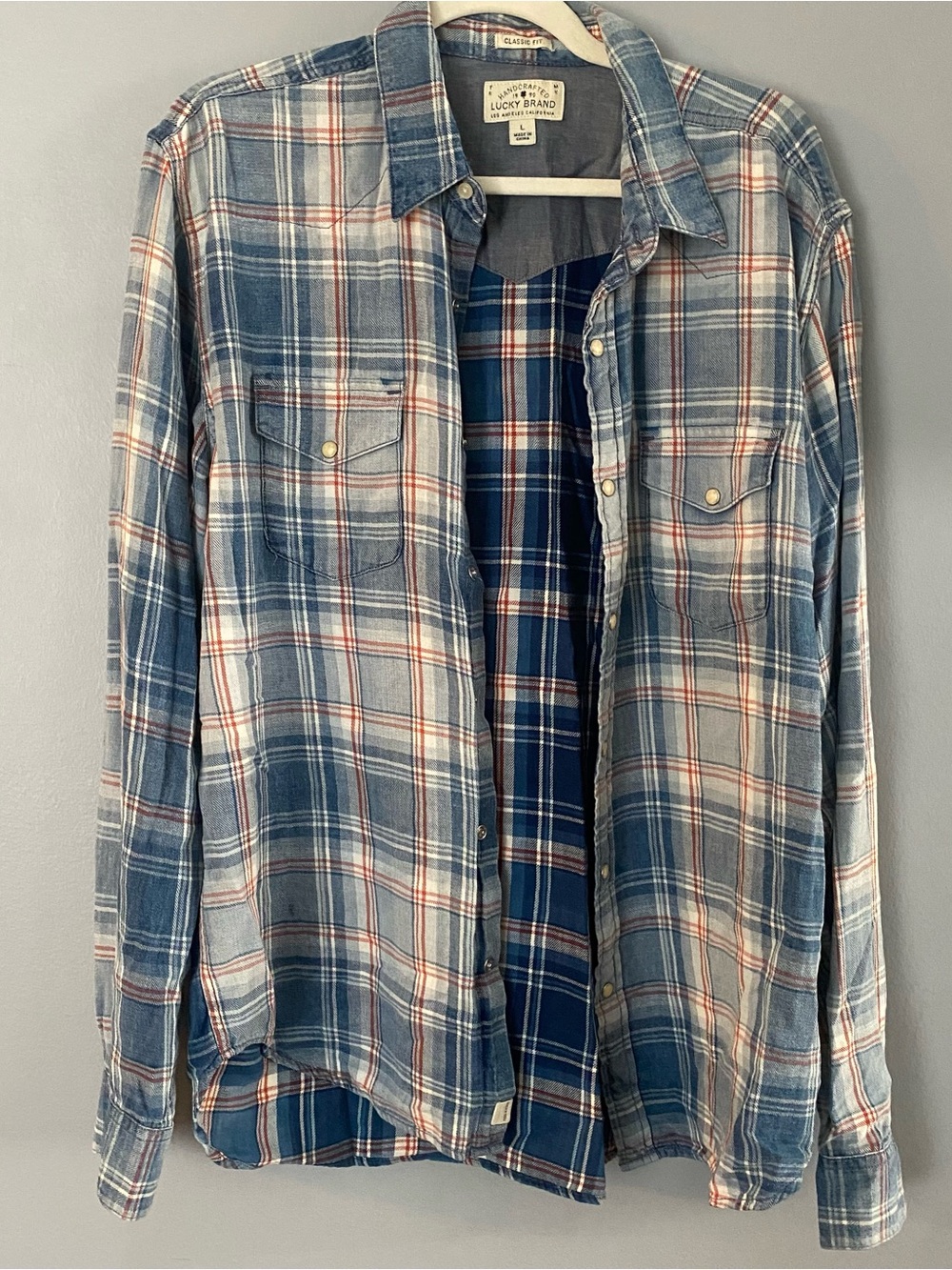 Lucky Brand Men's Blue and White Plaid Button-Down Shirt with Pearl snaps